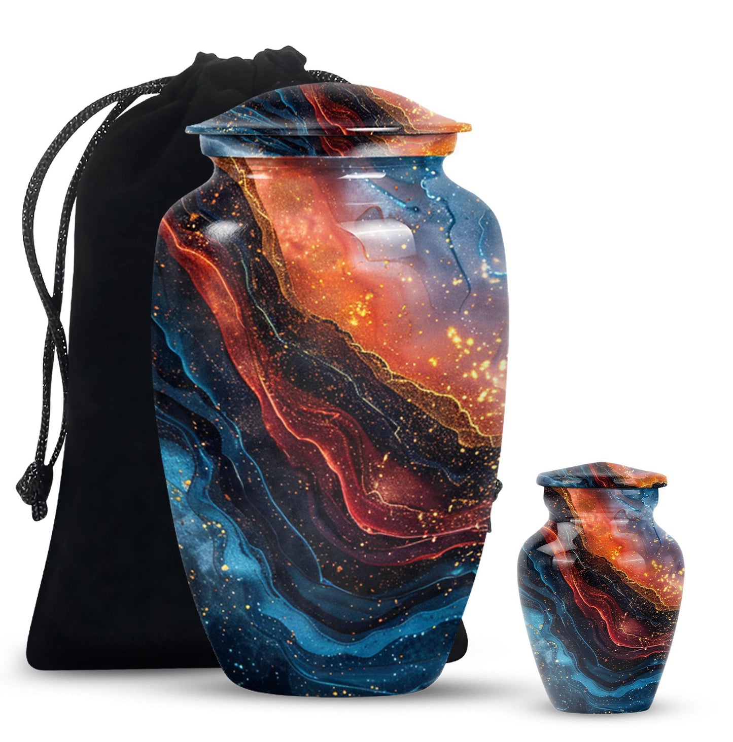 Abstract classic 10-inch aluminum urn for adult human ashes.