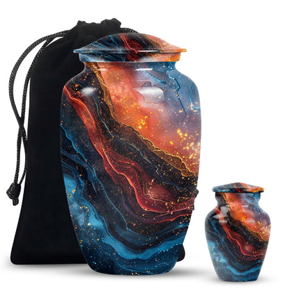Abstract classic 10-inch aluminum urn for adult human ashes.