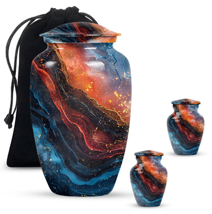 Abstract classic 10-inch aluminum urn for adult human ashes.