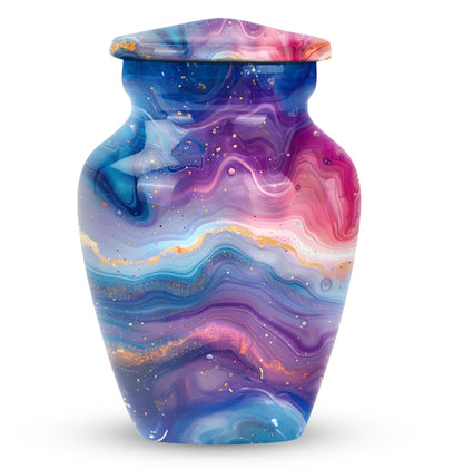 Abstract handcrafted 10 inch aluminium classic urn for containment of ashes with personal engraving