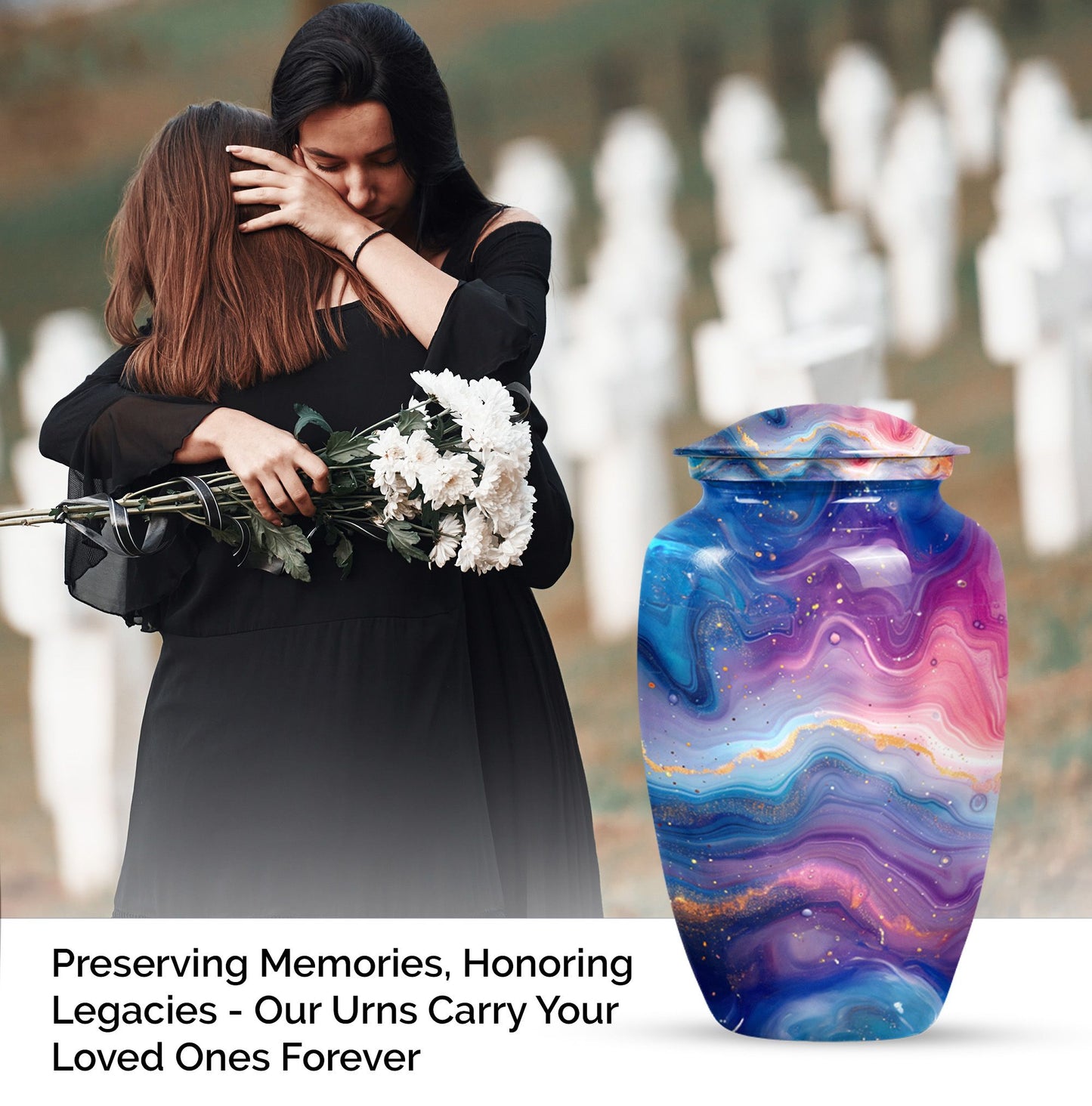Abstract handcrafted 10 inch aluminium classic urn for containment of ashes with personal engraving
