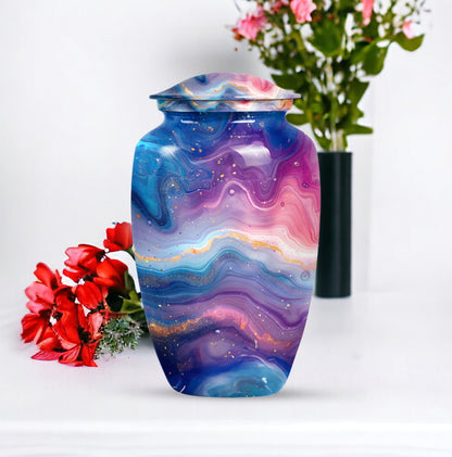 Abstract handcrafted 10 inch aluminium classic urn for containment of ashes with personal engraving
