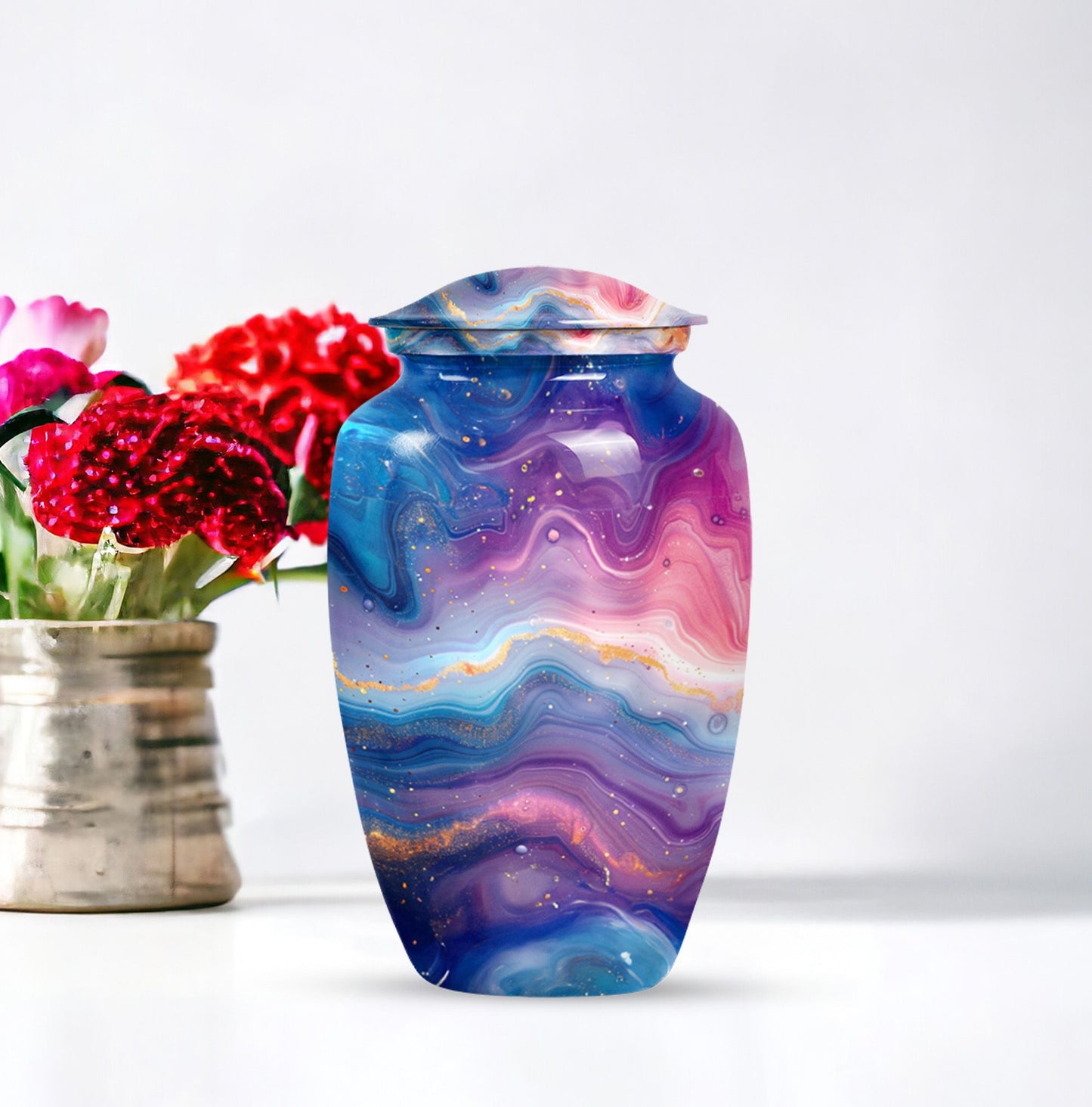 Abstract handcrafted 10 inch aluminium classic urn for containment of ashes with personal engraving