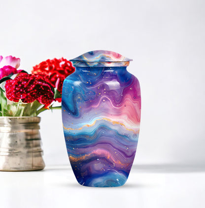 Abstract handcrafted 10 inch aluminium classic urn for containment of ashes with personal engraving