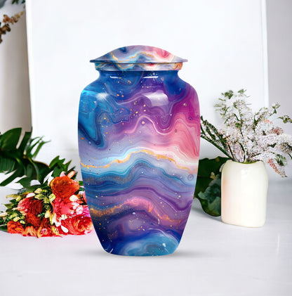 Abstract handcrafted 10 inch aluminium classic urn for containment of ashes with personal engraving