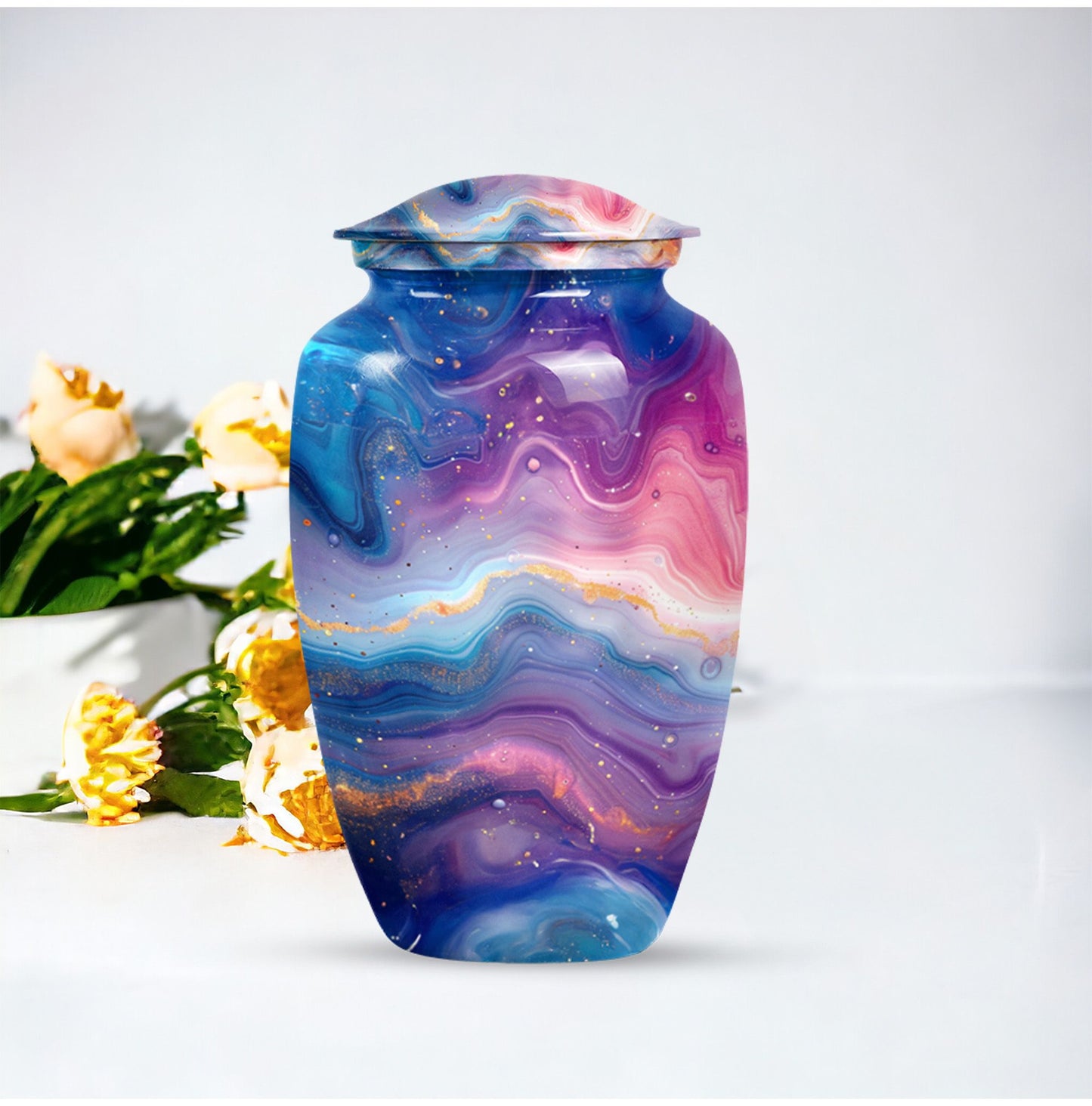 Abstract handcrafted 10 inch aluminium classic urn for containment of ashes with personal engraving