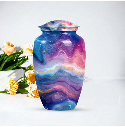 Abstract handcrafted 10 inch aluminium classic urn for containment of ashes with personal engraving
