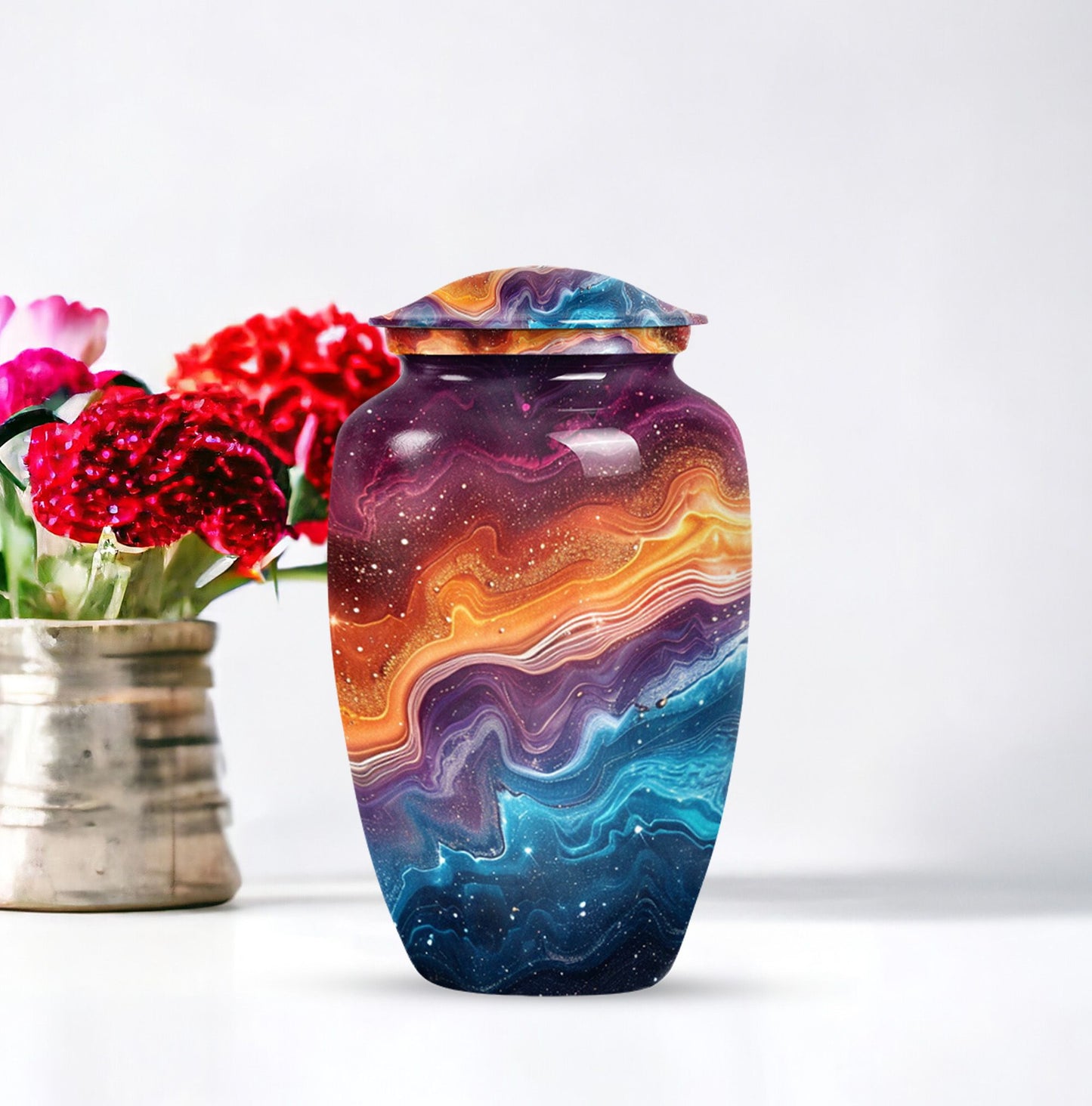 Abstract 10 inch classic aluminum cremation urn.