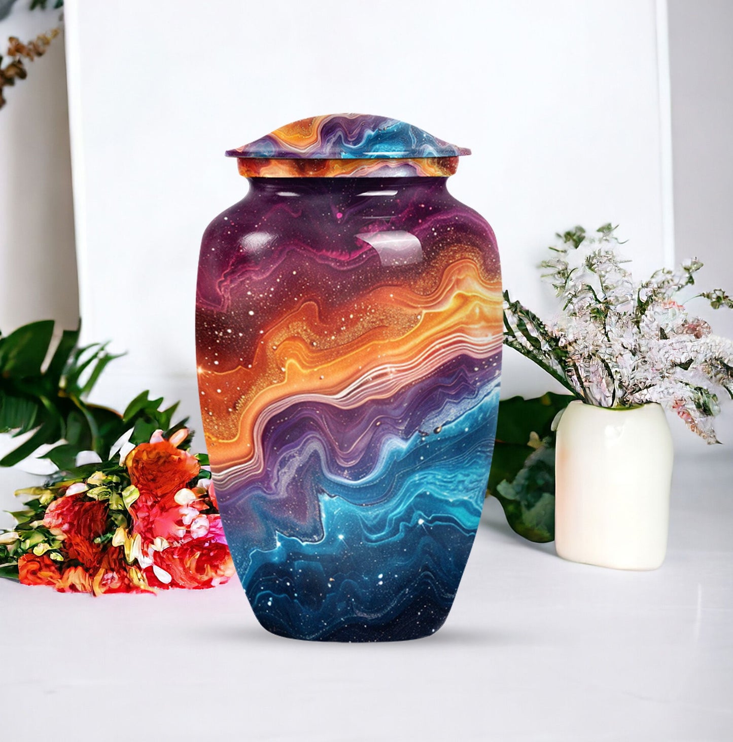Abstract 10 inch classic aluminum cremation urn.