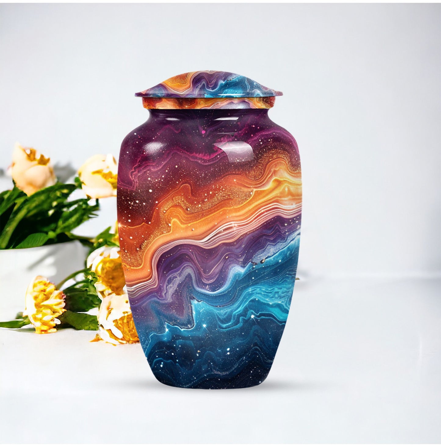 Abstract 10 inch classic aluminum cremation urn.