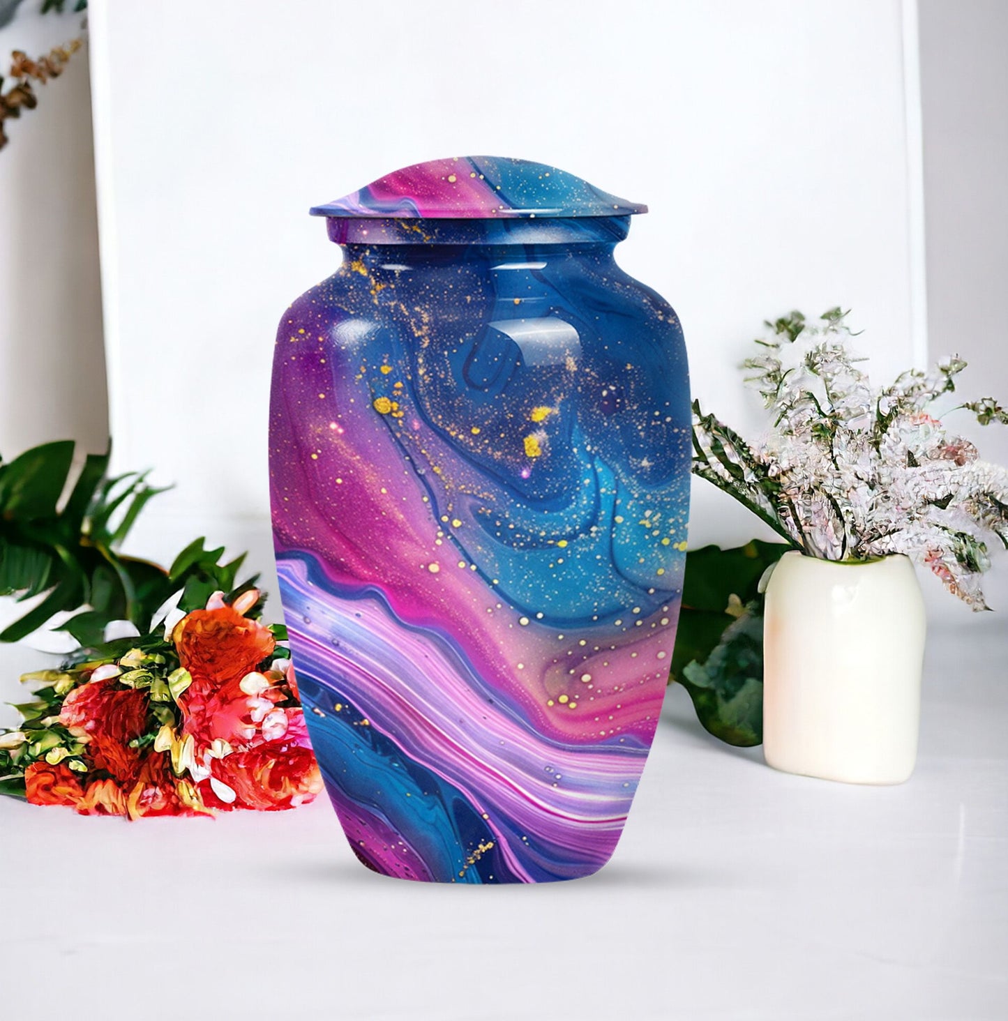 Abstract large cremation urn with personalizable engraving.