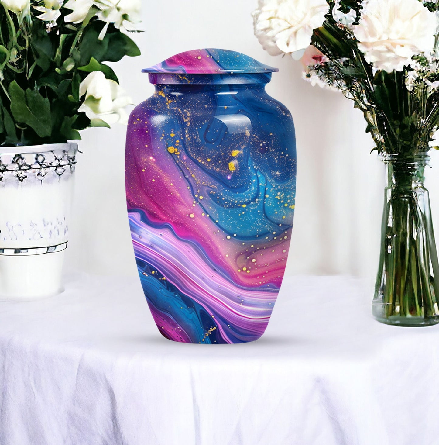 Abstract large cremation urn with personalizable engraving.