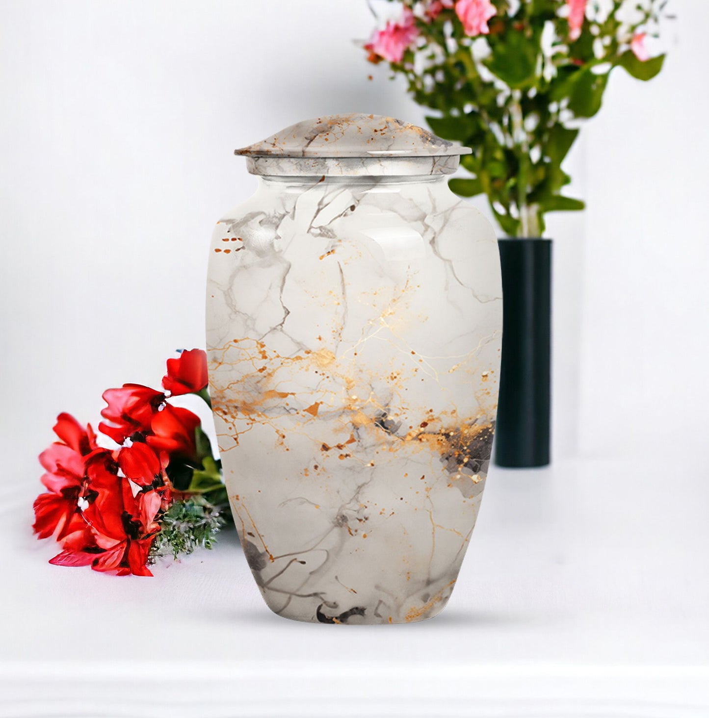 vibrant swirl urn, aluminium cremation urn for adult ashes.