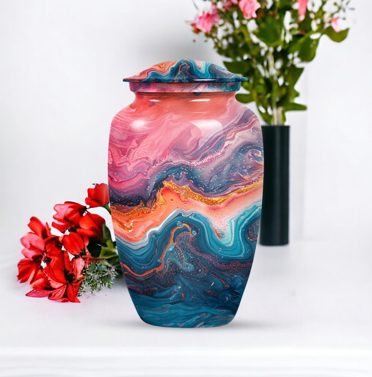 Vibrant Swirl Urn, Aluminium large urn for adult ashes.
