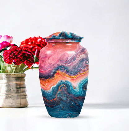 Vibrant Swirl Urn, Aluminium large urn for adult ashes.