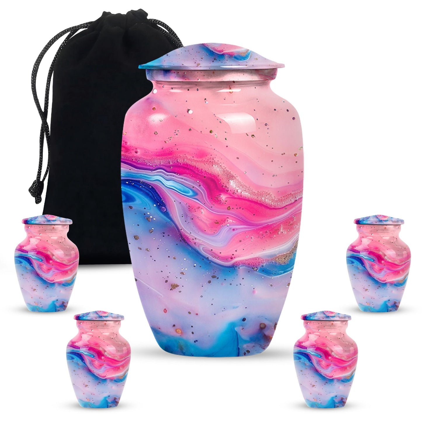 10 Inch vibrant swirl, classic aluminum urn for funeral ashes.