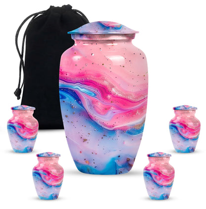 10 Inch vibrant swirl, classic aluminum urn for funeral ashes.