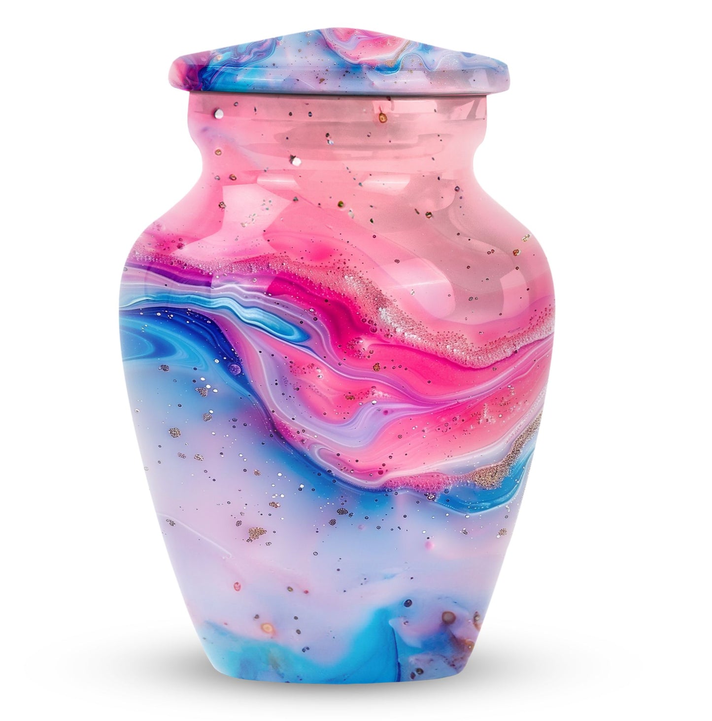 10 Inch vibrant swirl, classic aluminum urn for funeral ashes.