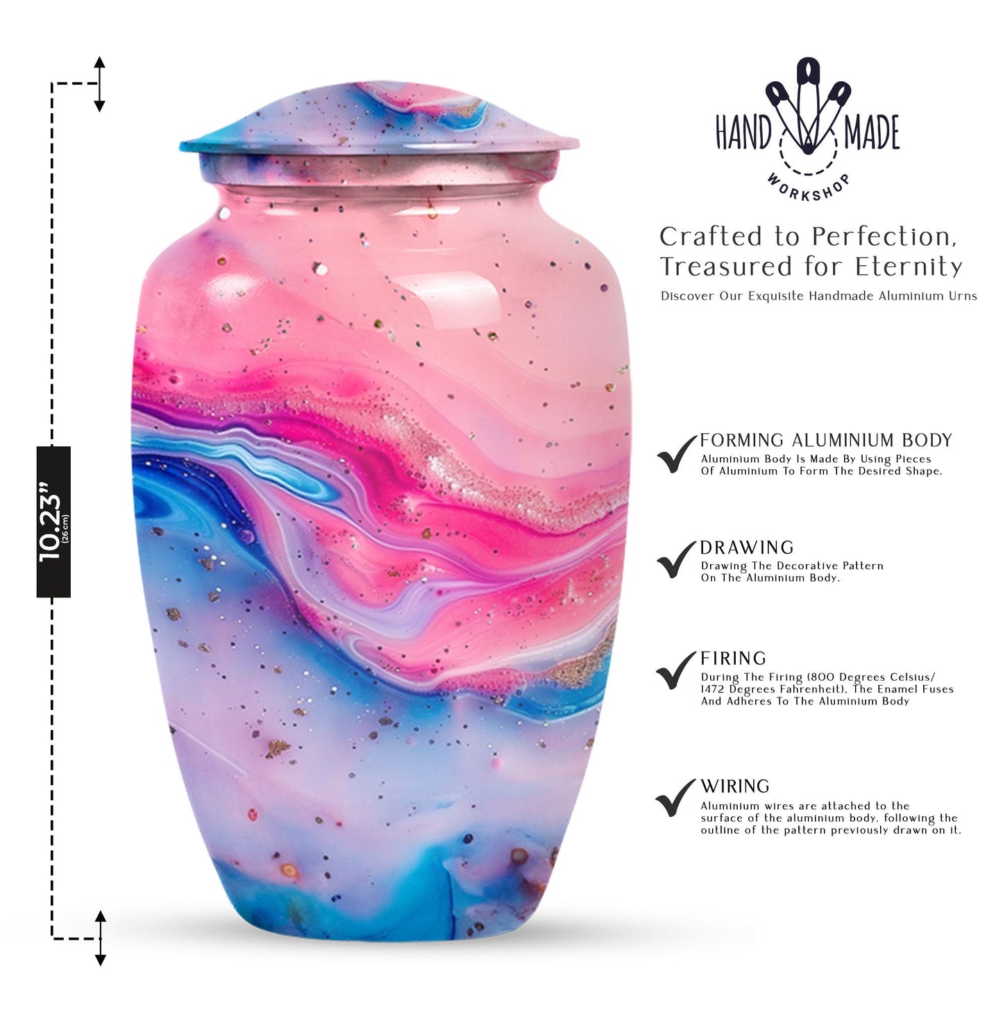 10 Inch vibrant swirl, classic aluminum urn for funeral ashes.