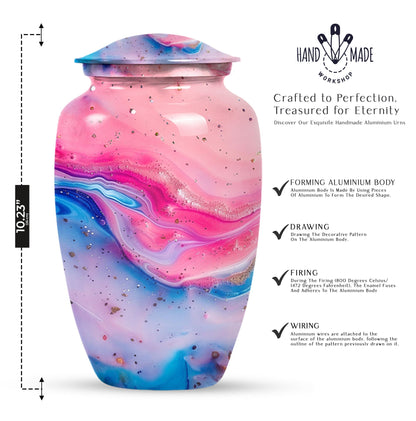 10 Inch vibrant swirl, classic aluminum urn for funeral ashes.