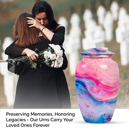 10 Inch vibrant swirl, classic aluminum urn for funeral ashes.
