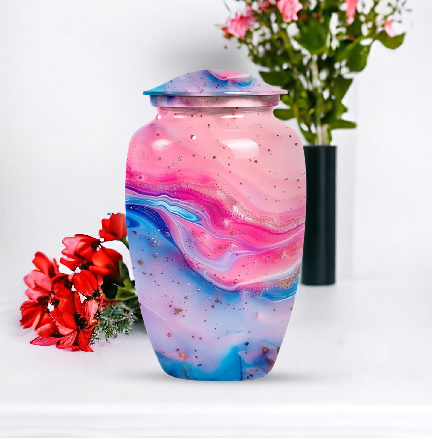 10 Inch vibrant swirl, classic aluminum urn for funeral ashes.