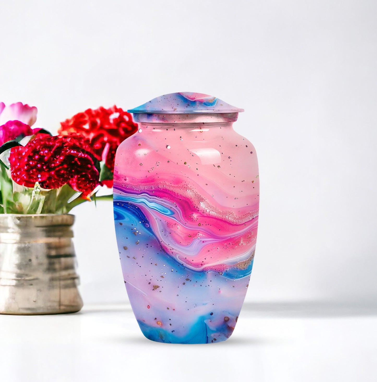 10 Inch vibrant swirl, classic aluminum urn for funeral ashes.