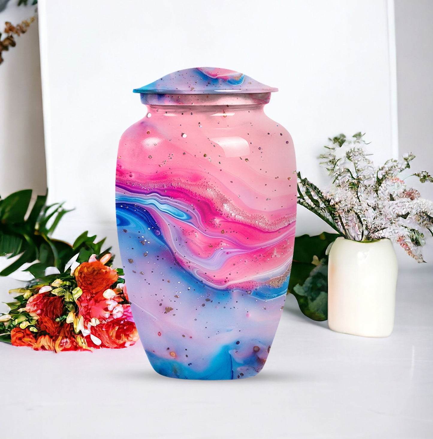 10 Inch vibrant swirl, classic aluminum urn for funeral ashes.