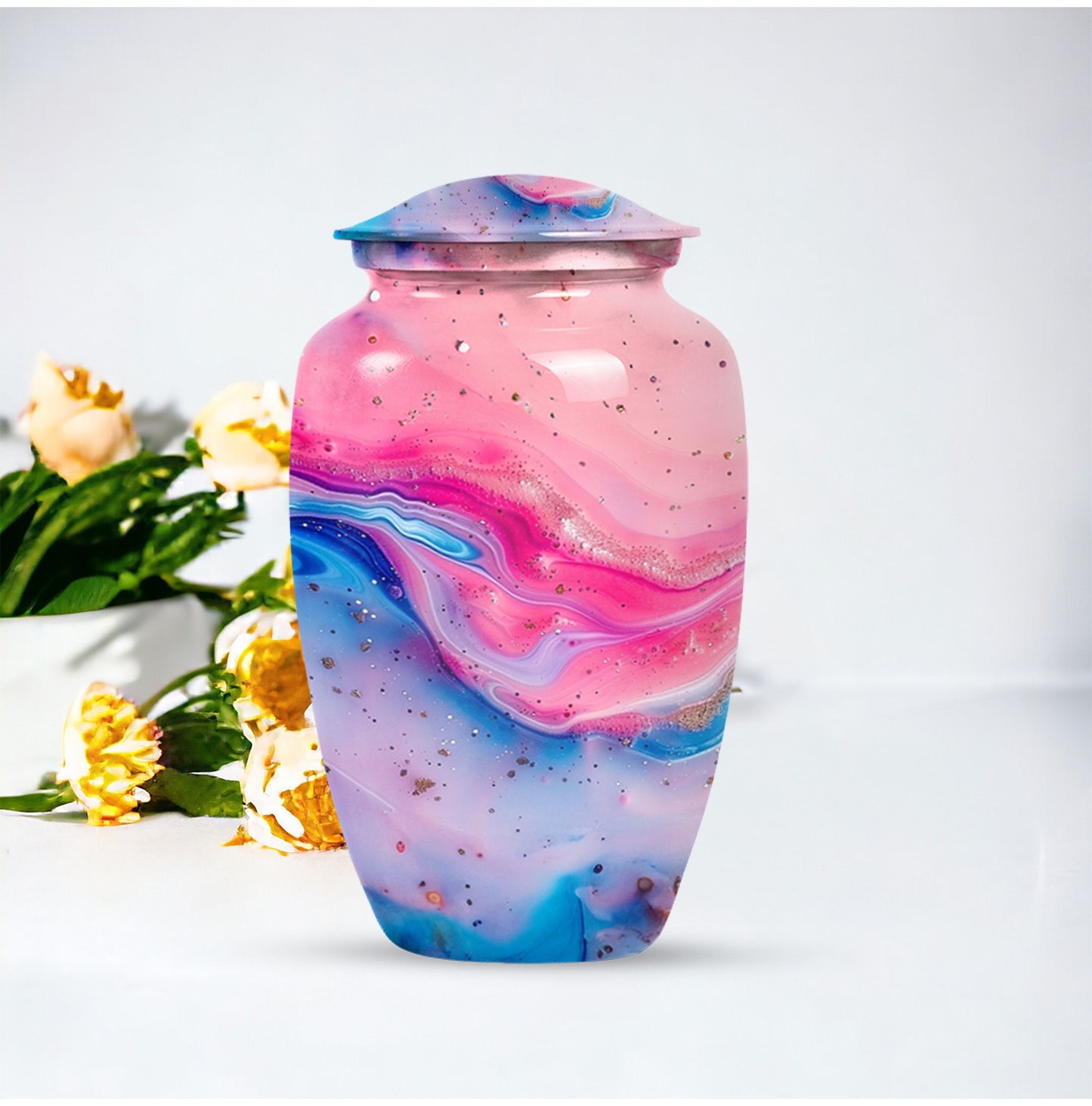 10 Inch vibrant swirl, classic aluminum urn for funeral ashes.