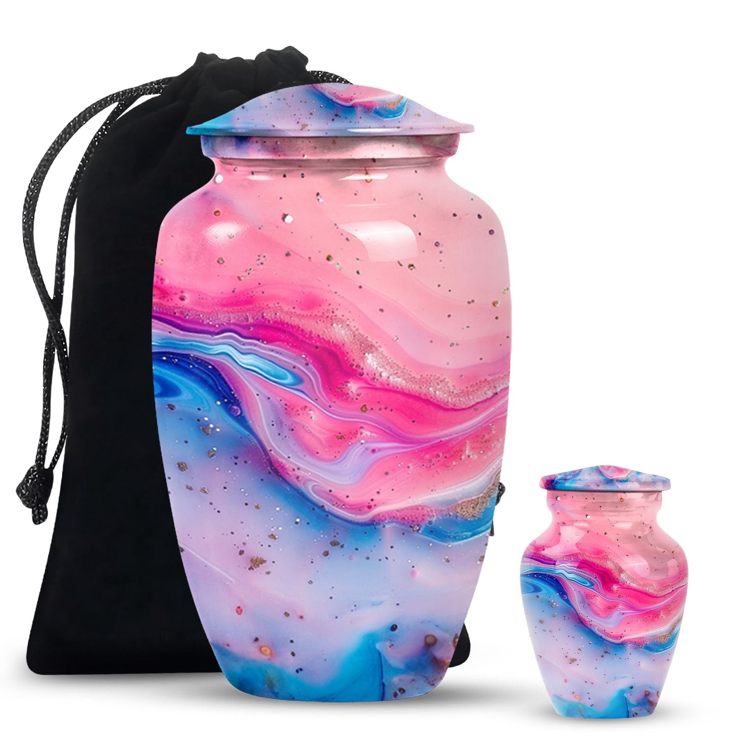 10 Inch vibrant swirl, classic aluminum urn for funeral ashes.