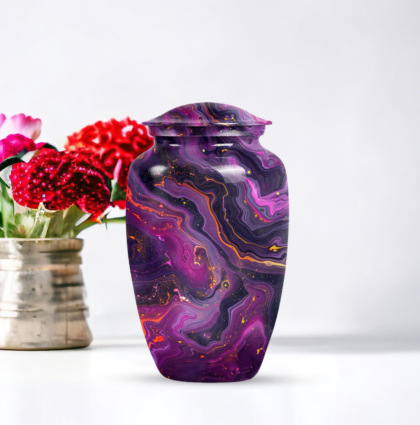 Abstract  aluminum classic urn for human ashes.