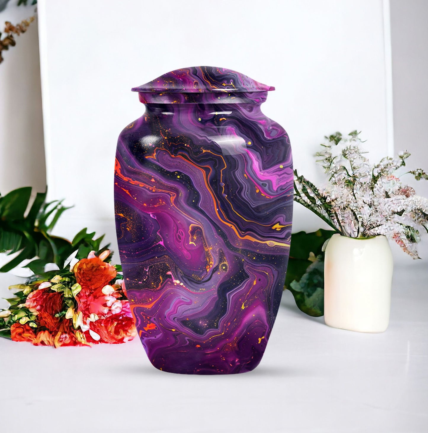 Abstract  aluminum classic urn for human ashes.