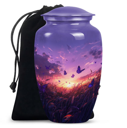 purple meadow themed memorial adult urn