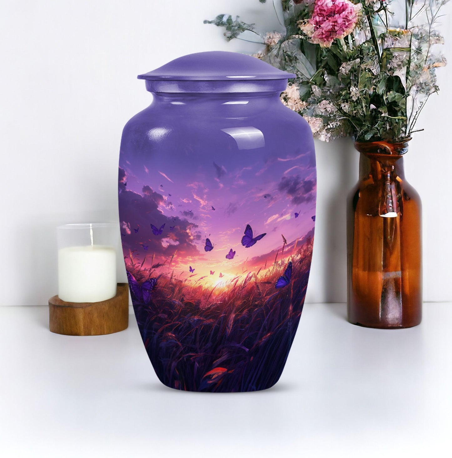 purple meadow themed memorial adult urn