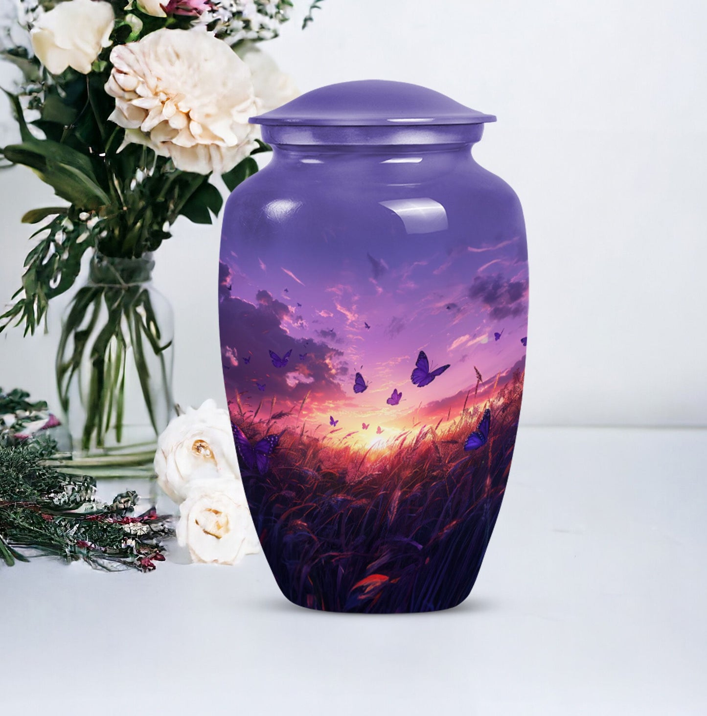purple meadow themed memorial adult urn
