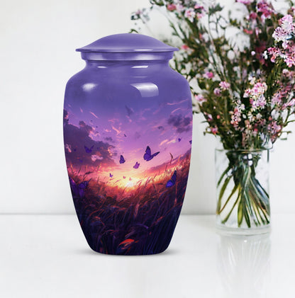 purple meadow themed memorial adult urn