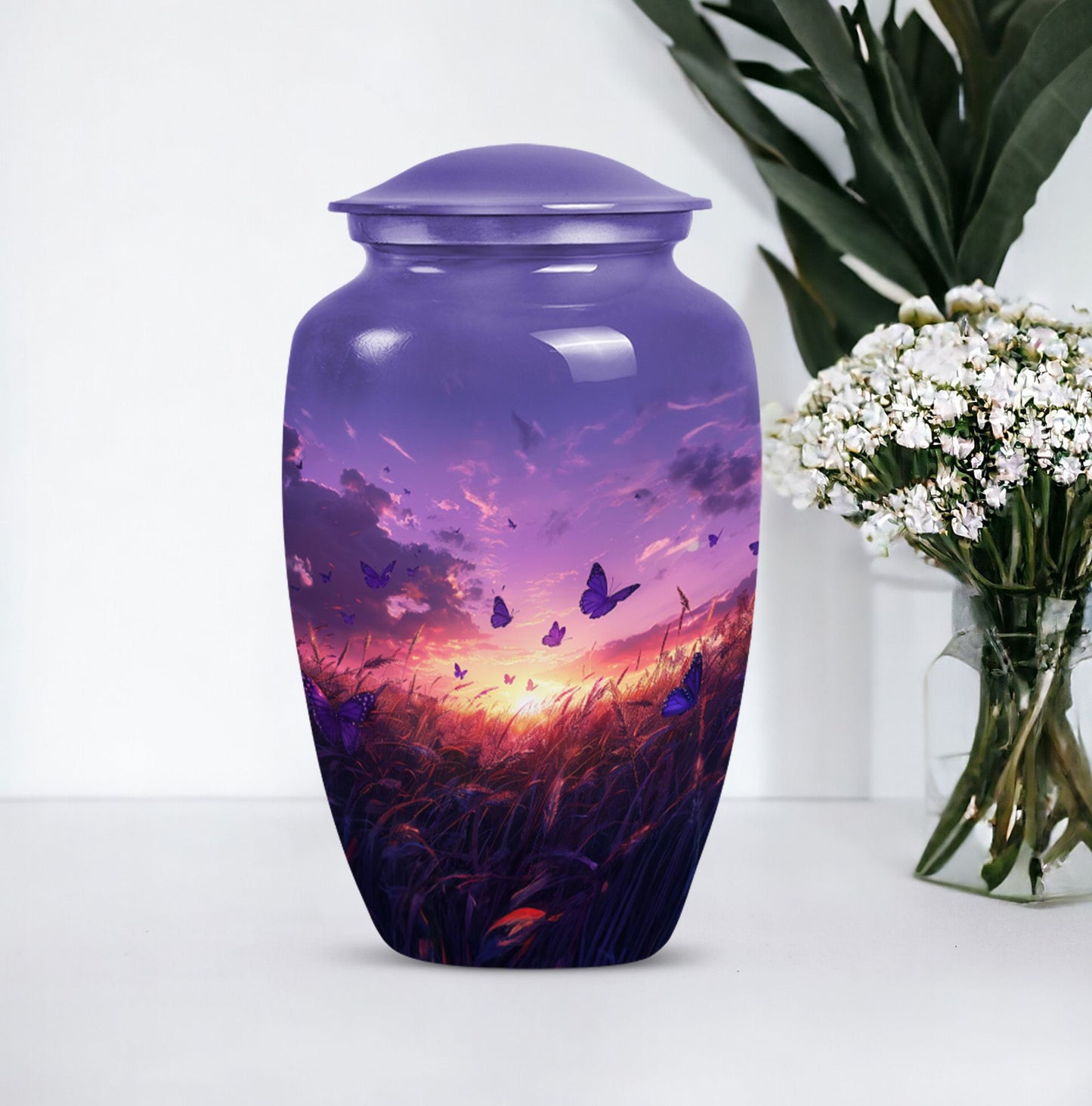 purple meadow themed memorial adult urn