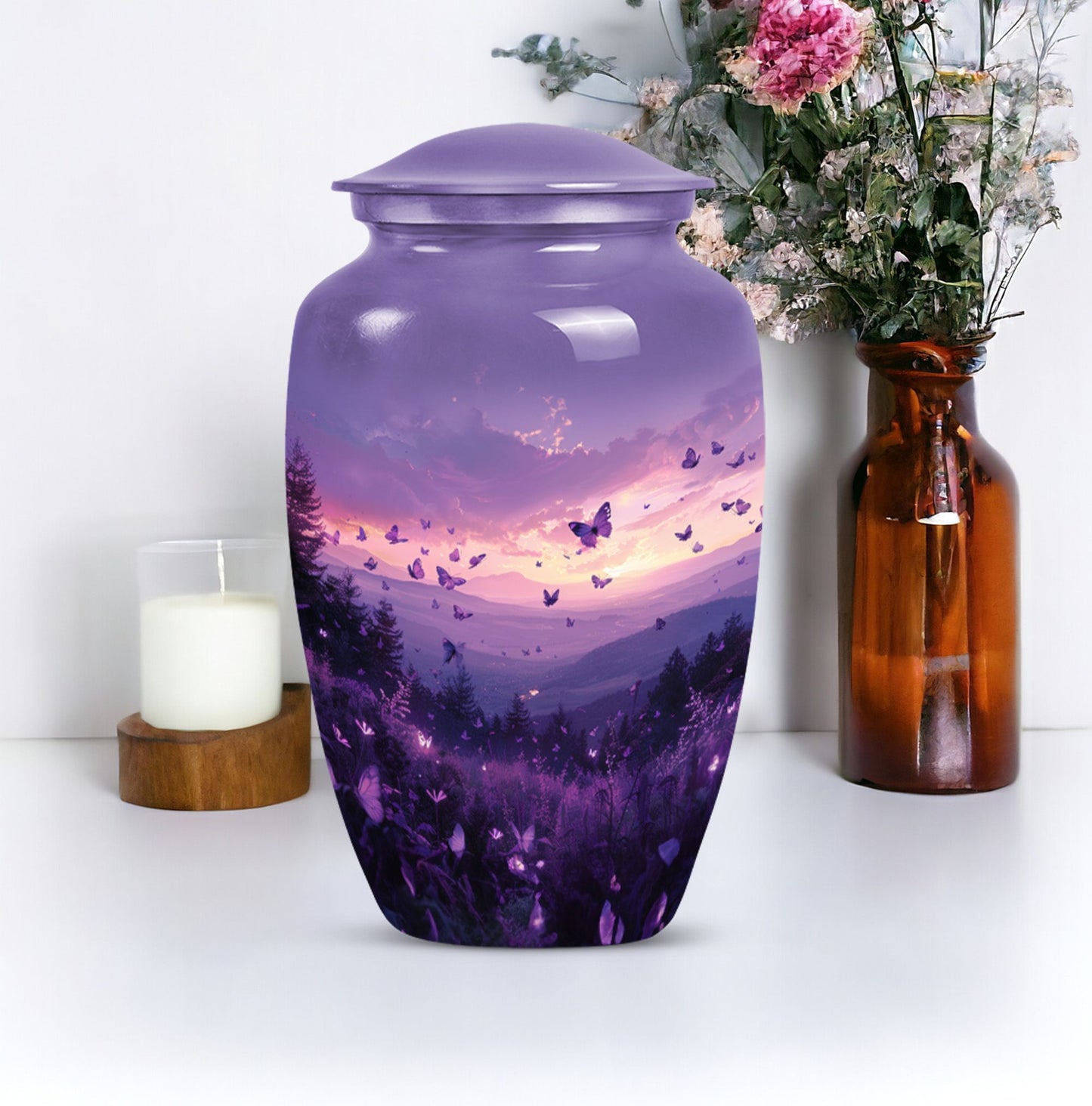 Purple Meadow classic aluminum cremation urn for ashes