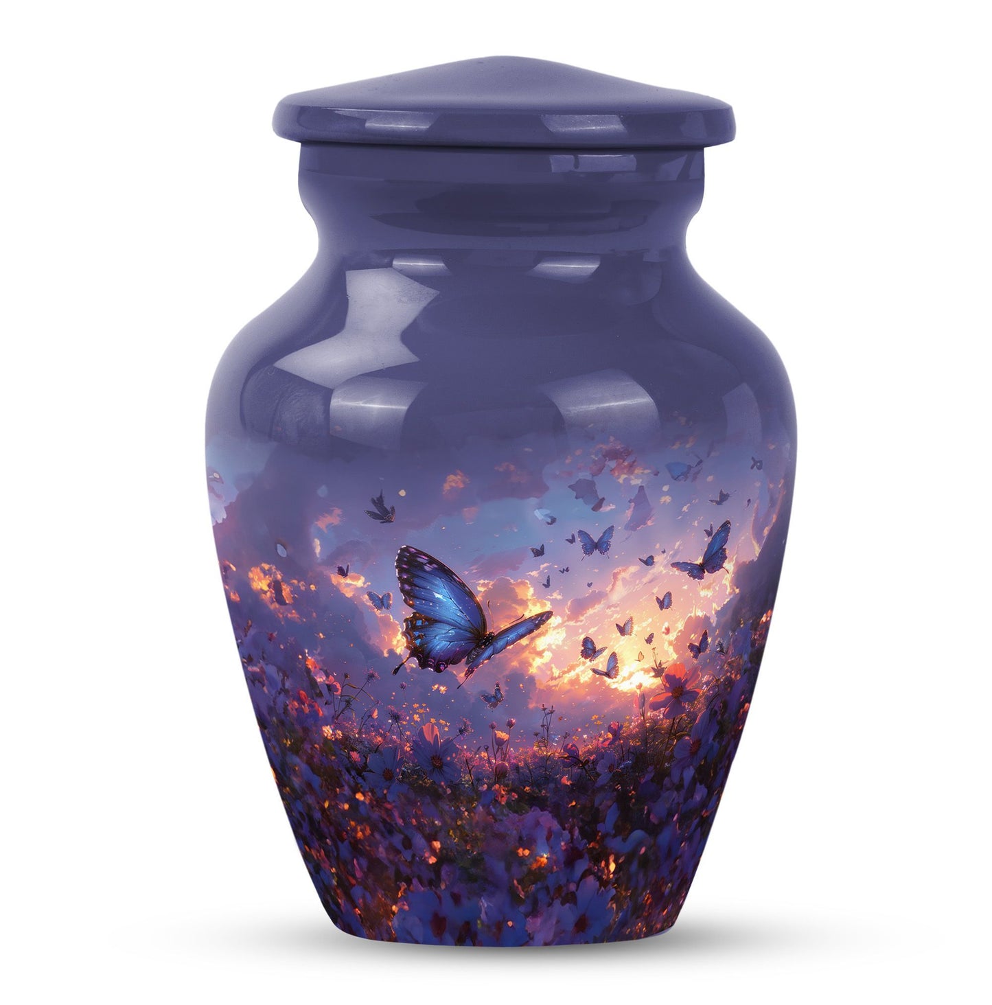 purple meadow themed classic urn for men's cremation.