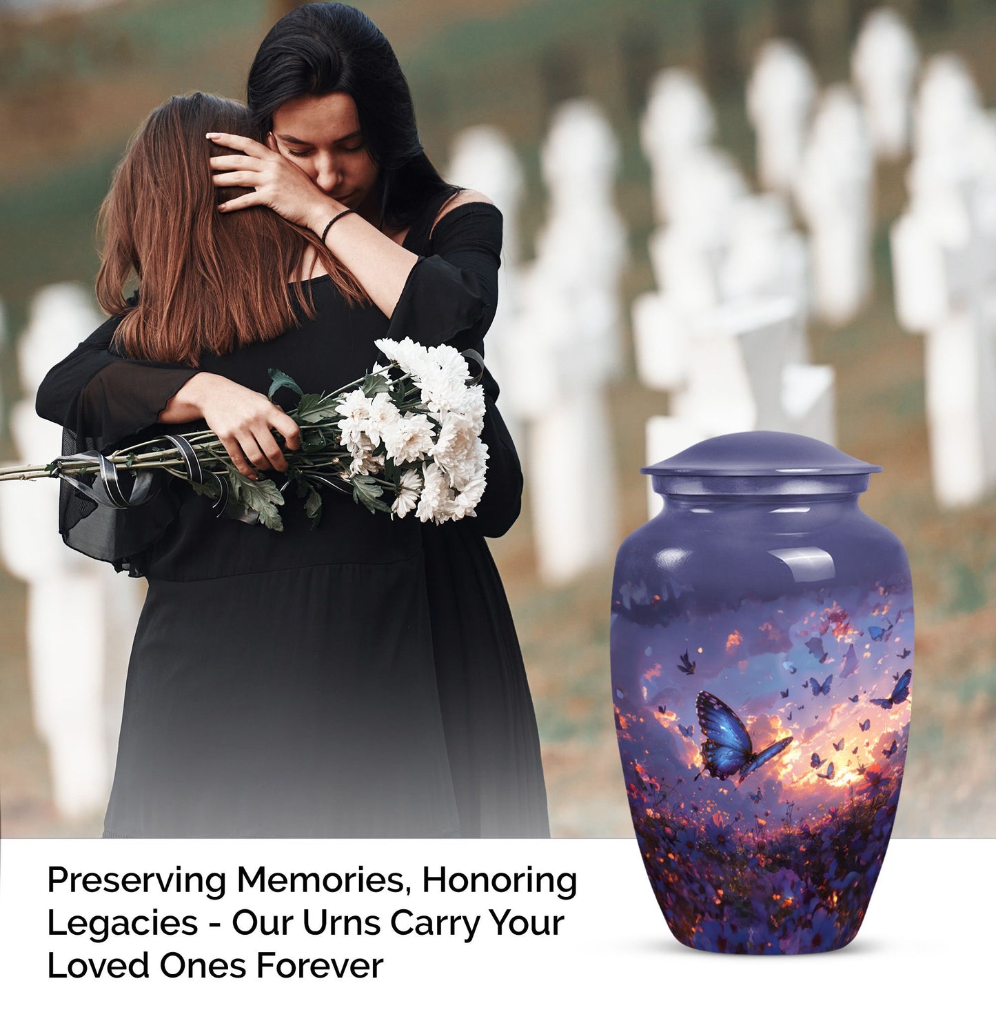 purple meadow themed classic urn for men's cremation.
