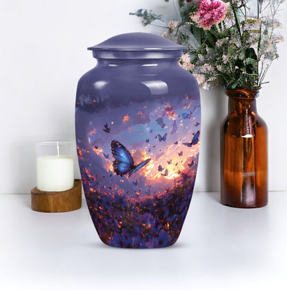 purple meadow themed classic urn for men's cremation.