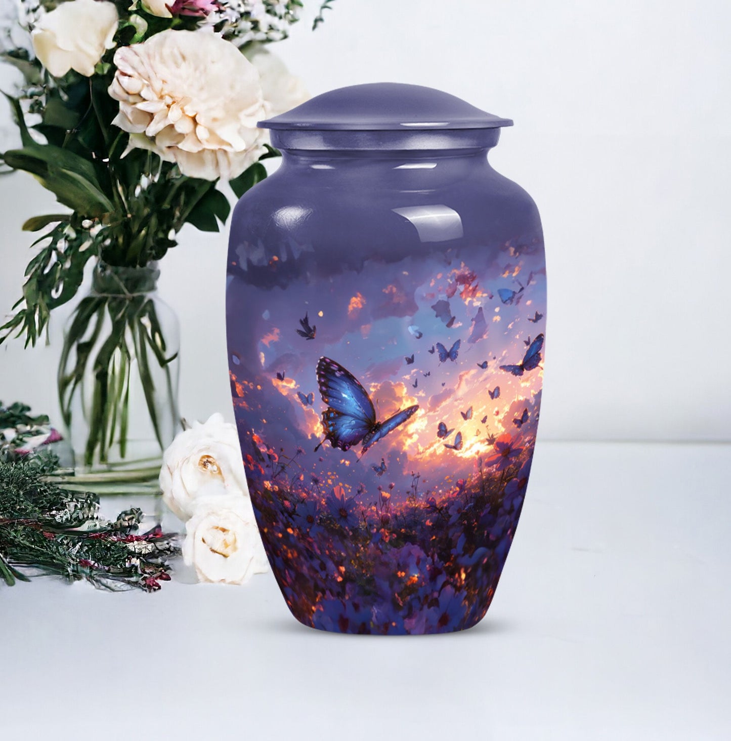 purple meadow themed classic urn for men's cremation.