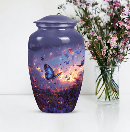 purple meadow themed classic urn for men's cremation.