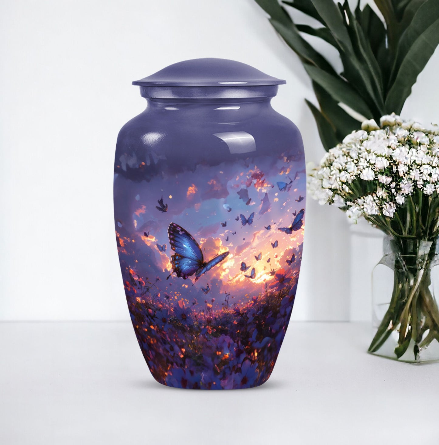 purple meadow themed classic urn for men's cremation.