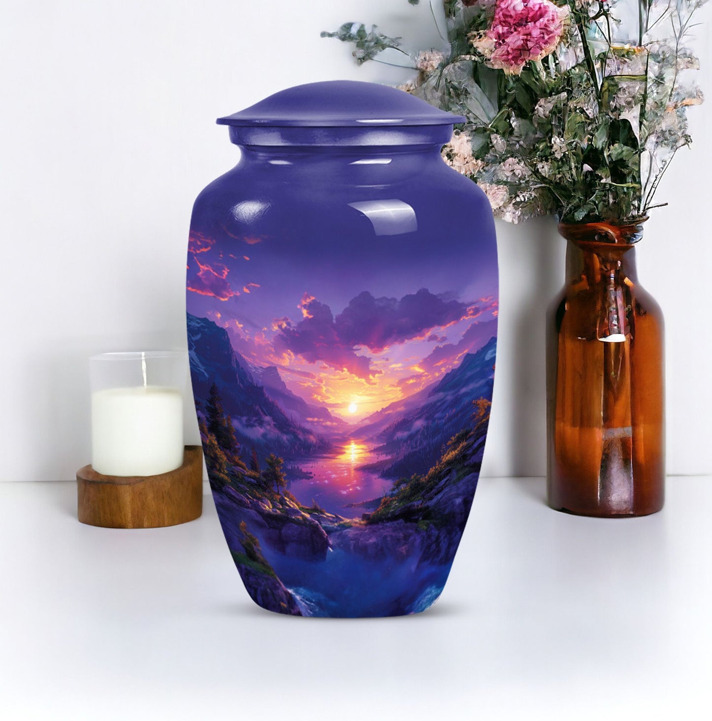 Purple meadow urn, memorial funeral urn for ashes