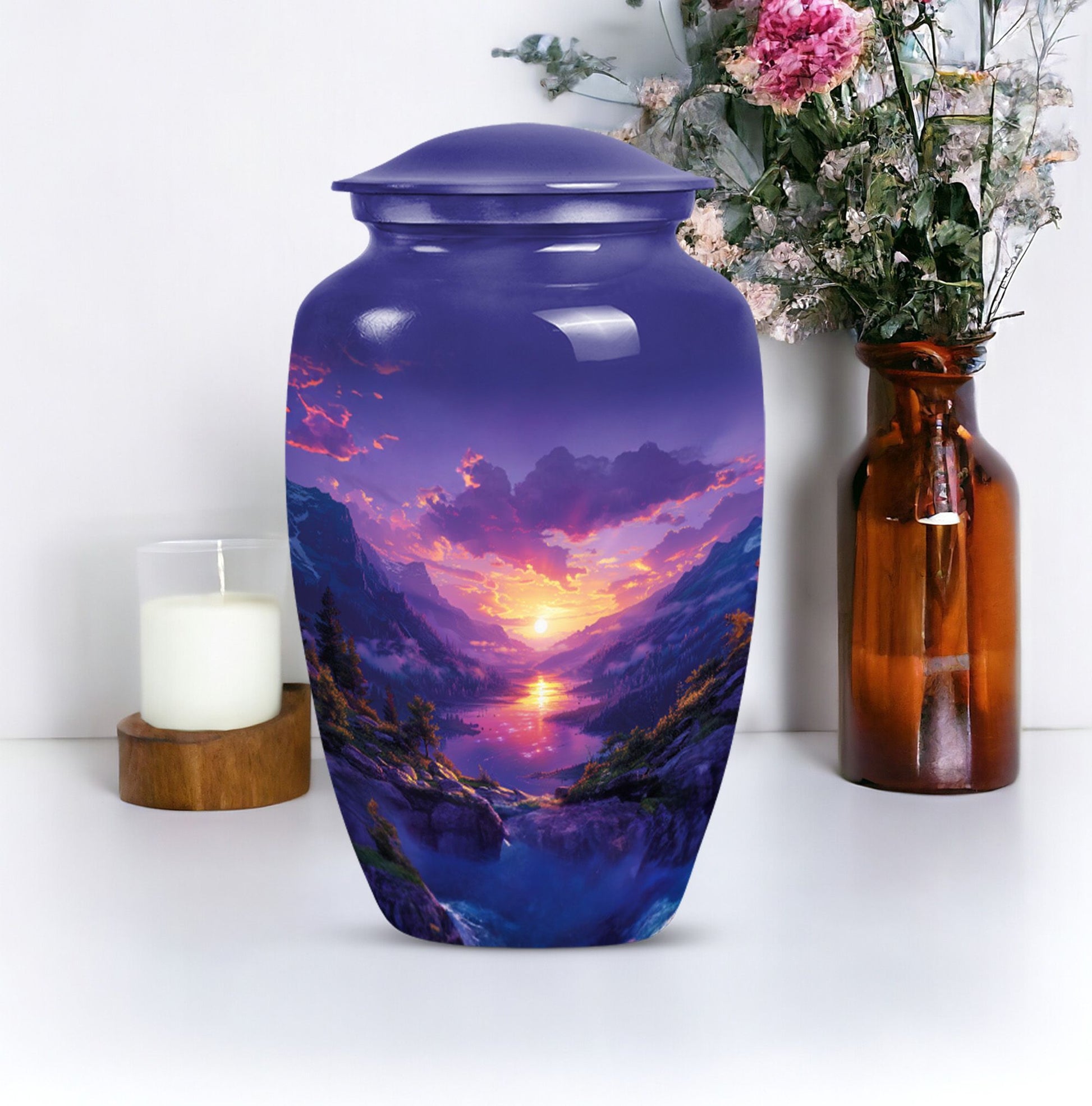 Purple meadow urn, memorial funeral urn for ashes