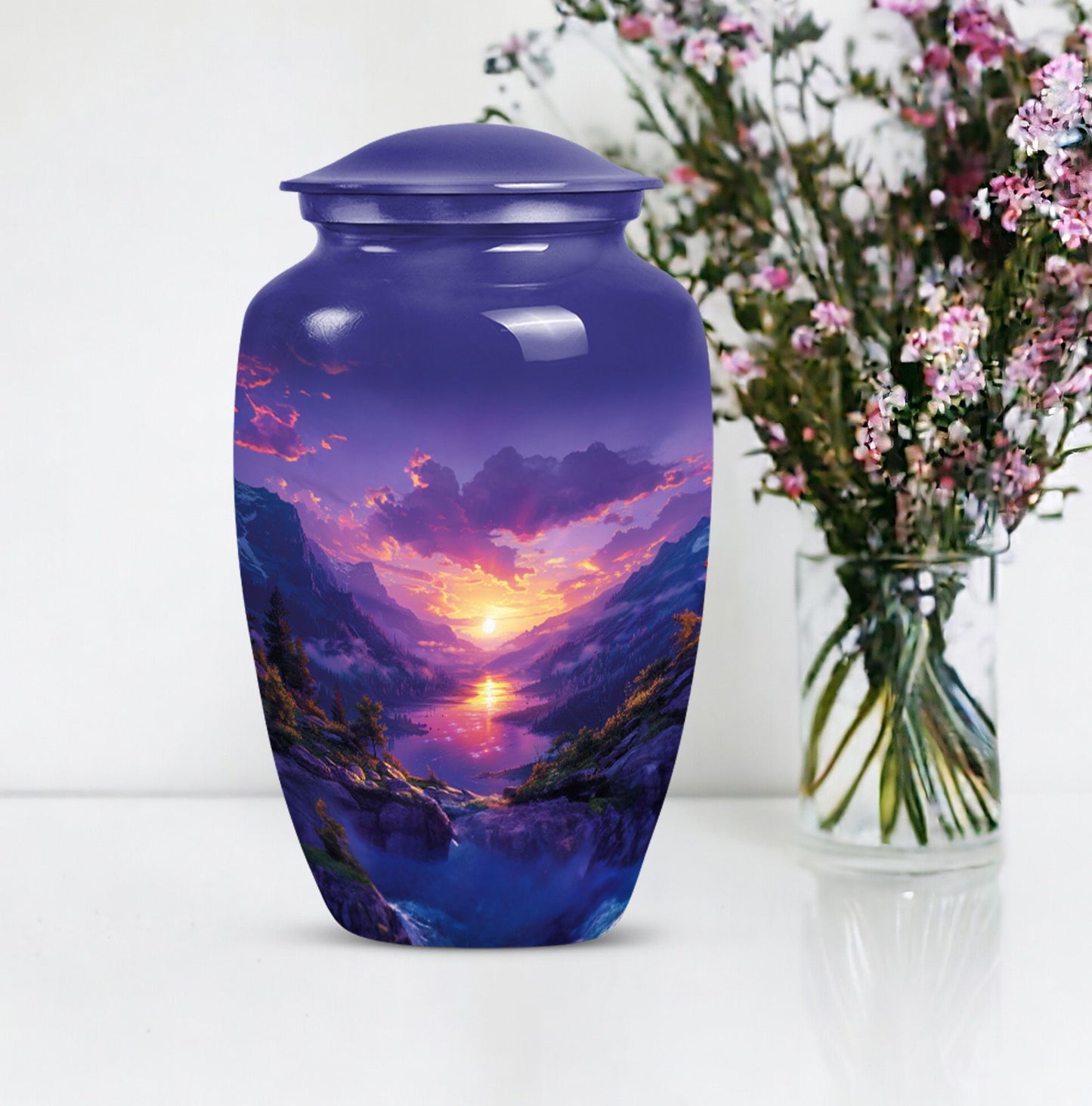 Purple meadow urn, memorial funeral urn for ashes