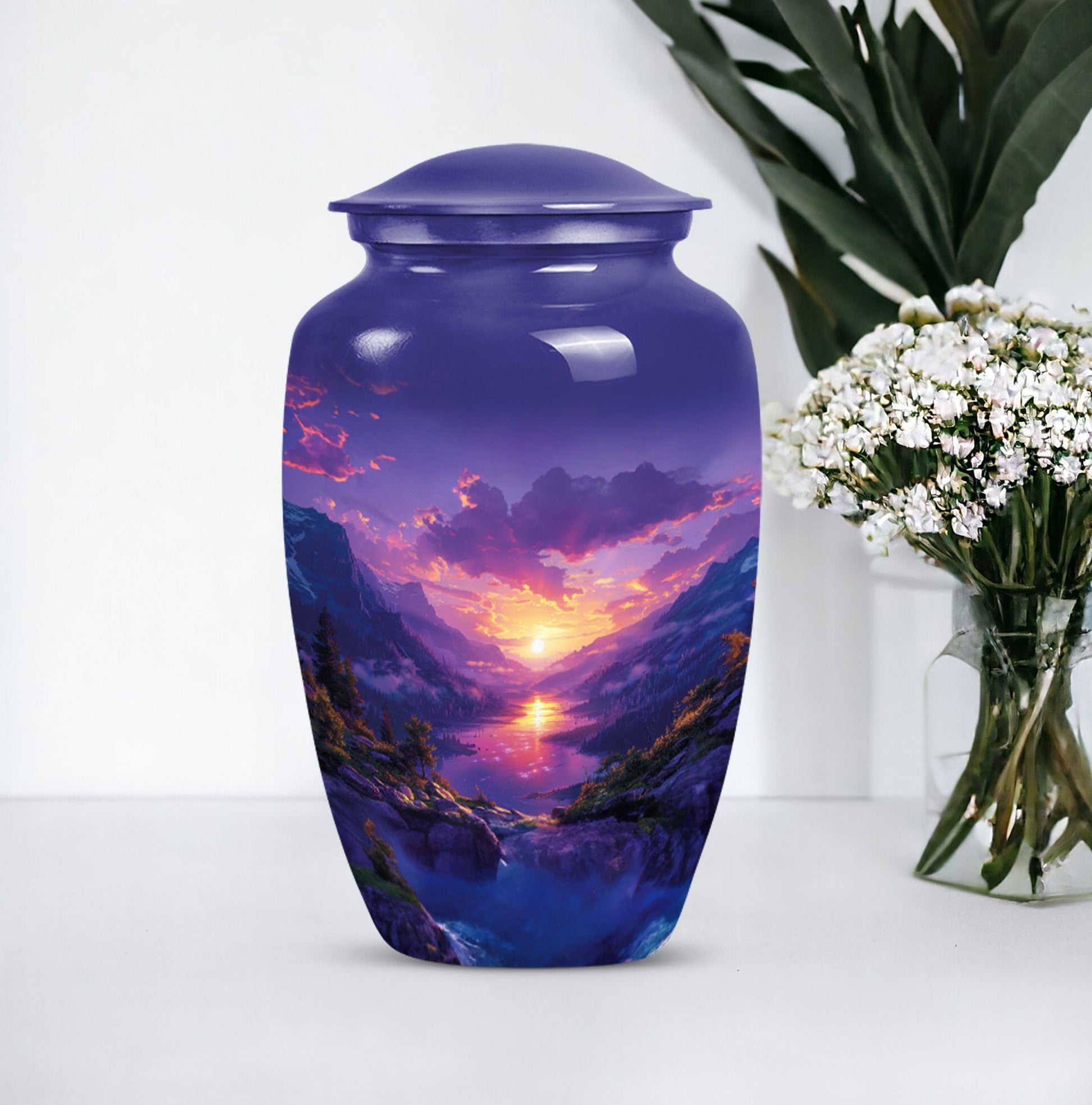 Purple meadow urn, memorial funeral urn for ashes