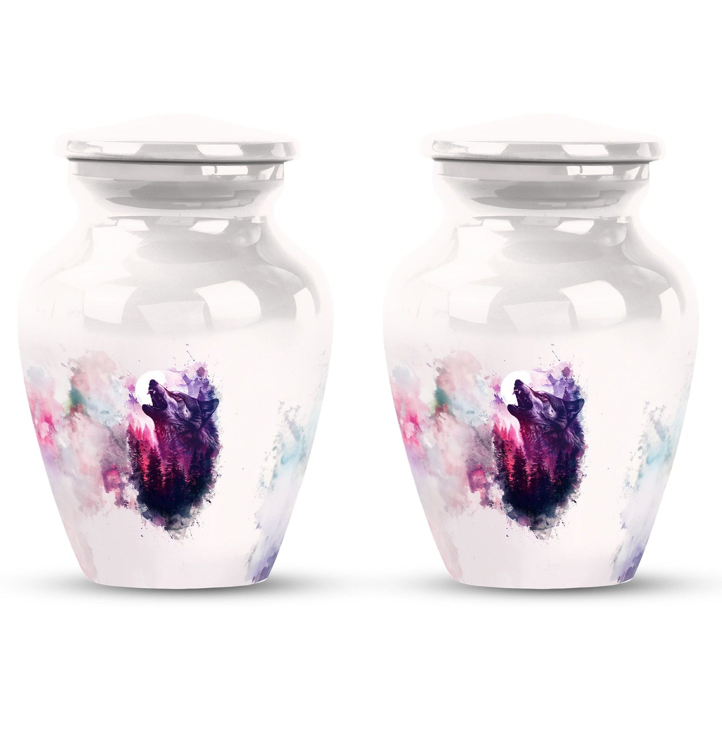 Wolf Urn for Human Ashes, White Watercolor Howling at the Moon, Classic Urn