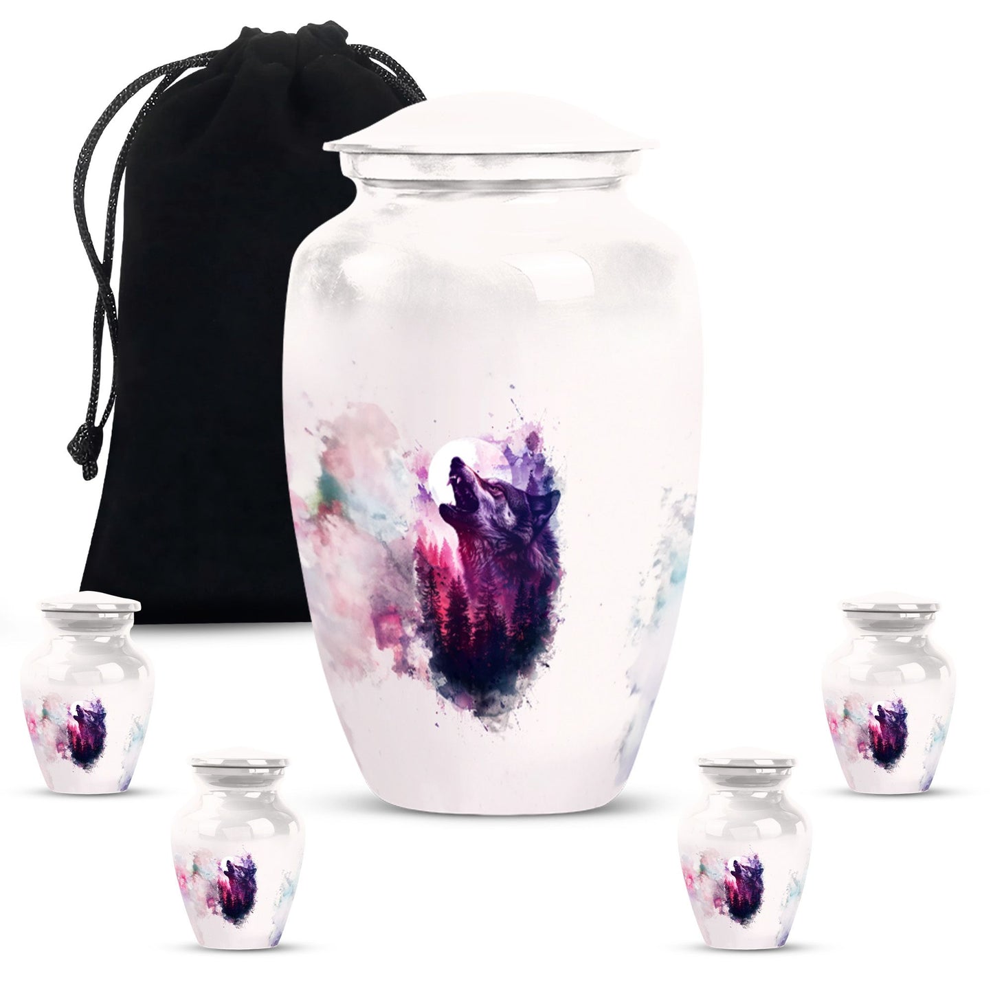Wolf Urn for Human Ashes, White Watercolor Howling at the Moon, Classic Urn